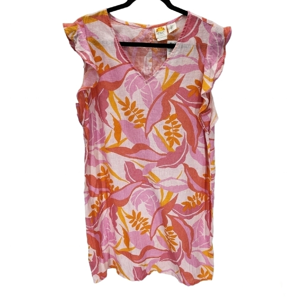 C&C California Floral Dress Womens Large Pink Orange 100% linen